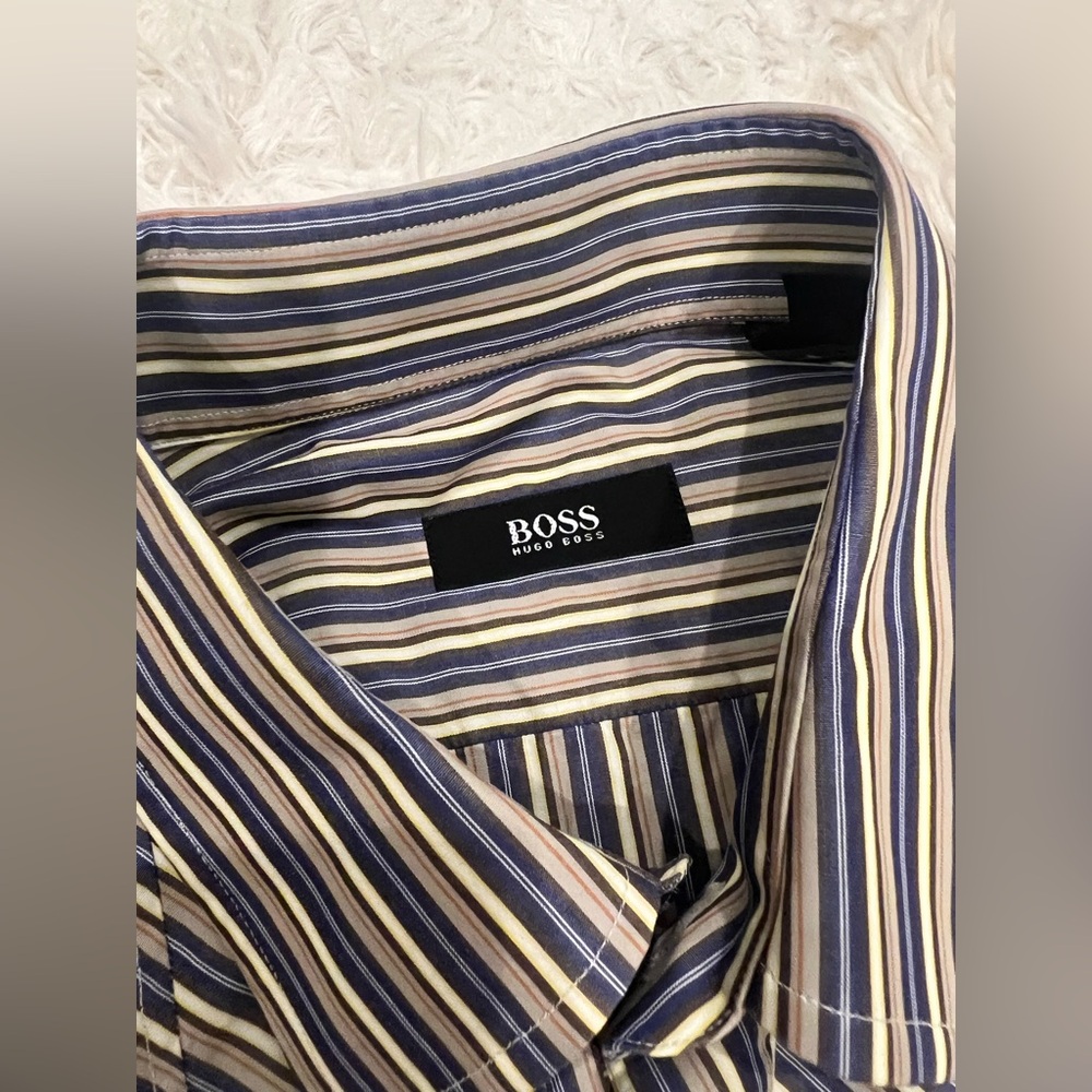 BOSS Hugo Boss Men's‎ Long Sleeve Button-Down Shirt 41 / 16 Striped Blue Brown - Picture 2 of 6